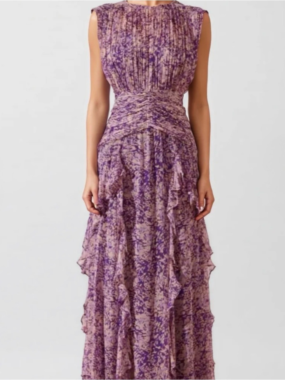 Purple Floral Round Neck Sleeveless Ruffle Maxi Dress